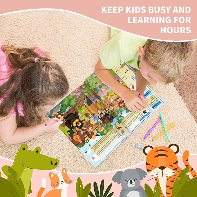 4 Pack Search and Find Activity Book for Kids Ages 3-5 4-8 8-12, Car Game,Toys for Road Trip Airplane Activities,Activity Books Over 240 Fun Animal Knowledge