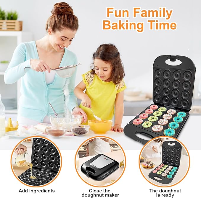 2025 Mini Donut Maker Machine for Home, Kid-Friendly 16-Hole Electric Doughnut