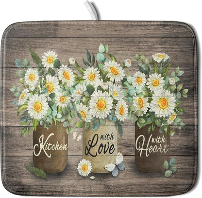 Flower Vase Dish Drying Mats 16x18 Inch Rustic Wood Reversible Microfiber