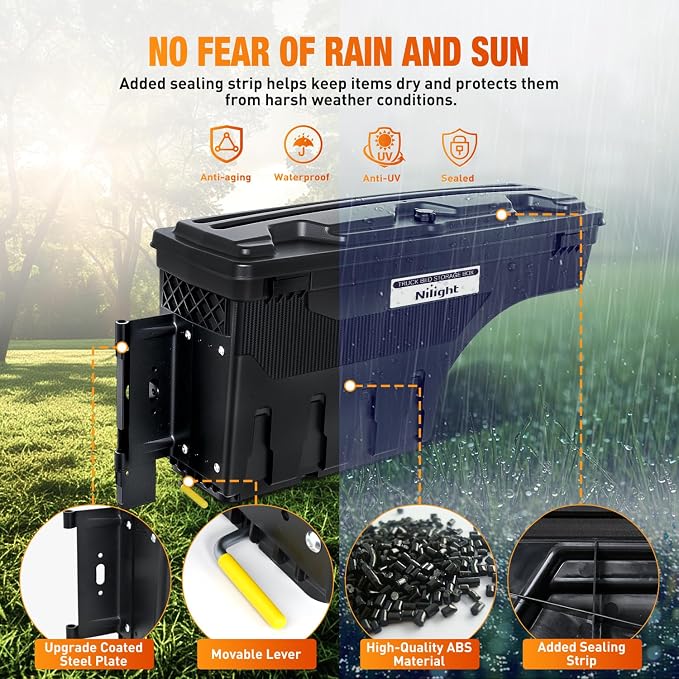 Nilight Truck Bed Tool Box Left Drivers Side Truck Tool Box Fit for Ford F-150 2015-2021 ABS Swing Case Truck Bed Storage Box with Lockable Lid Waterproof Wheel Well Toolbox Black