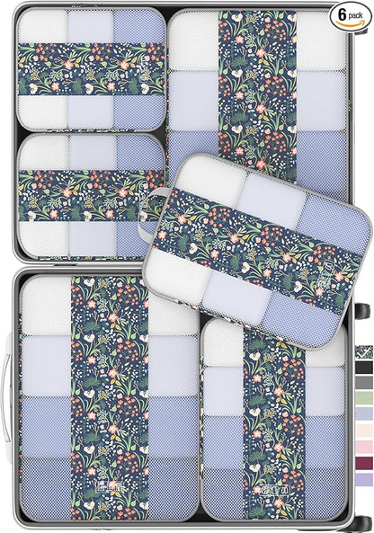 OlarHike 6 Set Compression Packing Cubes for Travel Essentials,Compressible Expandable Space Saver Bags for Organizing Clothes,Luggage Garment Bags with Over 1000 pcs Mesh Holes(Dark Blue Floral)