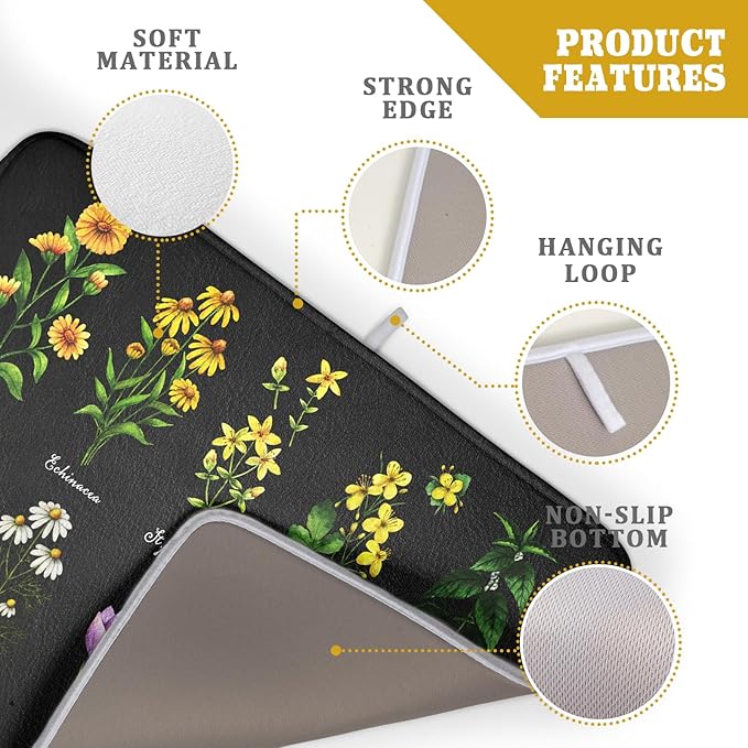 Black Flower Herbs Dish Drying Mat 18x24 Inch Botanical Floral Microfiber