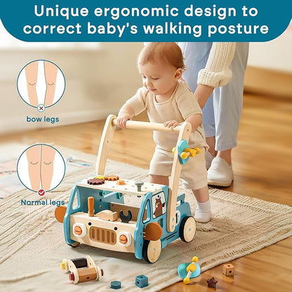OESSUF 2-in-1 Wooden Baby Walker with 40 PCS Tool Toys – Baby Push Walker for 6-12 Months, Activity Center for Toddlers Aged 1-3 Years, Montessori Toy for Boys and Girls (Blue)