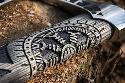 SHINY CRAFTS Viking Axe Hatchet - 27" Long Helm of Awe Carved Forged Steel With Engraving, Medieval Tomahawk, Runic Bearded Axe With Genuine Leather Sheath (VBA-0011)