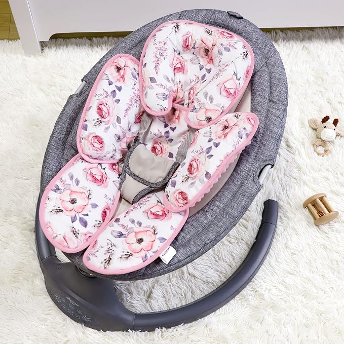 SWESEN Infant Car Seat Insert with 3 Strap Covers Set, Reversible Newborn Baby Car Seat Head Body Support for Girl, Soft 3 in 1 Baby Car Seat Cushion for Strollers, Bouncers, Swing, Pink Floral