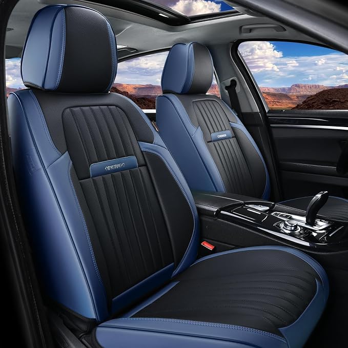 Coverado Car Seat Covers Full Set, Car Seat Protector Car Seat Cushion, Nappa Leather Seat Covers for Cars, Front and Back Seat Protectors Cushions Universal Fit for Most Cars Vehicles(Blue&Black)