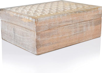 Mela Artisans Wooden Keepsake Box | Whitewash Mango Wood Memory & Photo Storage Box with Hinged Lid | Decorative Storage Box | Extra Large | 10.5x7.5x4 Inch