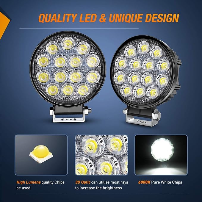 Nilight LED Pods 2Pcs 4.5Inch 42W 4200LM Round Flood Light Off Road Lights Fog Lights Driving Roof LED Light Bar Work Light with 16AWG Wiring Harness Kit-2 Leads