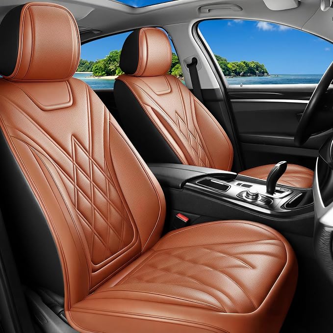 Fit Sonata Car Seat Covers for Hyundai Sonata 2009-2026 - Luxury Leather, Anti-Slip, All-Weather, Waterproof & Breathable, Airbag Compatible, 2 Front Seats Only (Brown)
