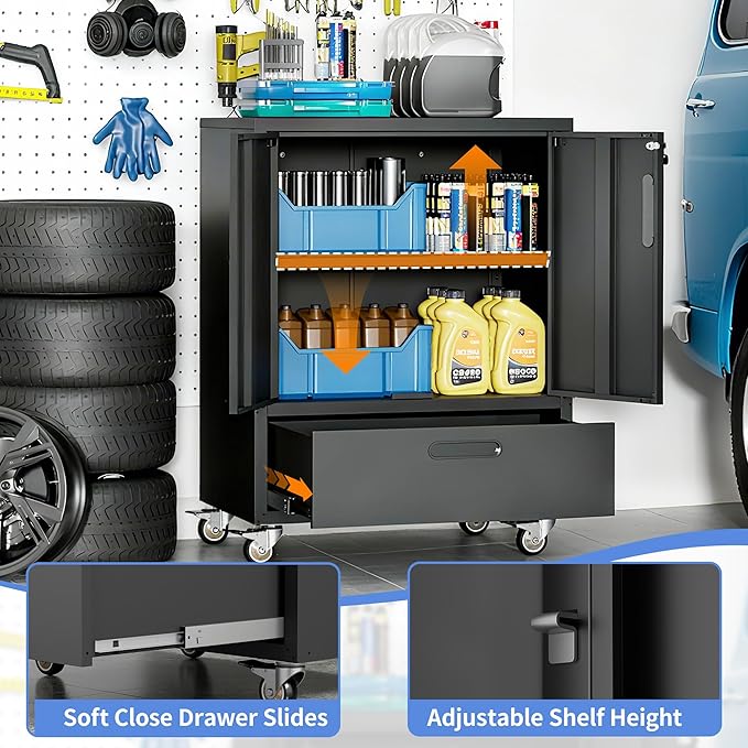 Metal Storage Cabinet with Wheels, Mobile Garage Storage Cabinet with 2