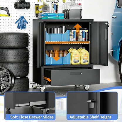 Metal Storage Cabinet with Wheels, Mobile Garage Storage Cabinet with 2