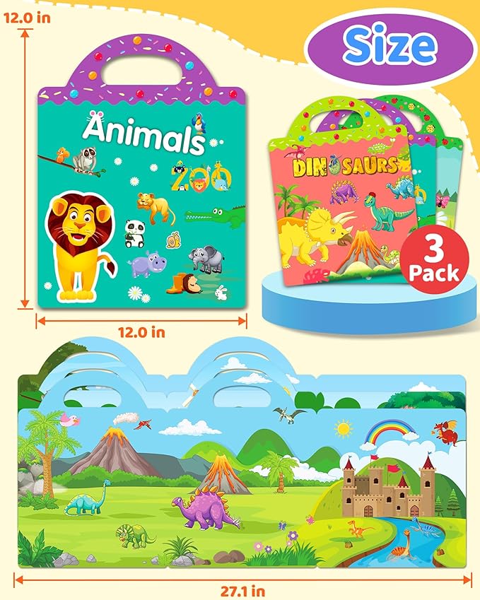 Benresive Reusable Sticker Books for Kids 2-4, Sticker Books for Toddlers 1-3 2-4, Toddler Travel Toys Activities Crafts Gifts - Animals, Dinosaurs and Insect