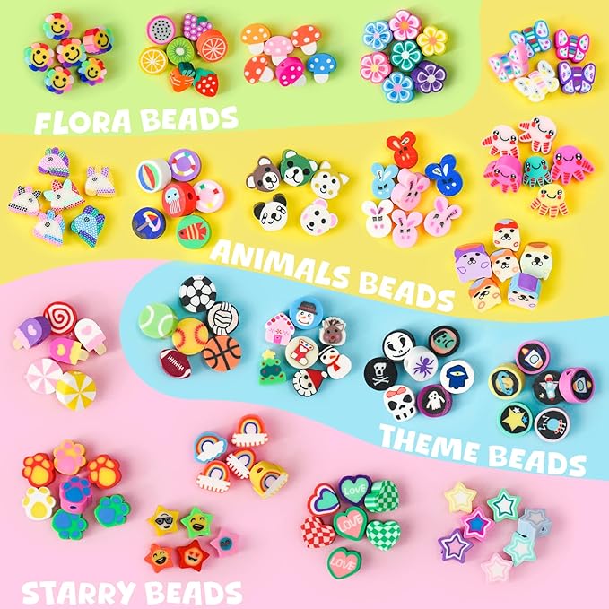 Gionlion 1200 Pcs Polymer Clay Beads Bracelet Making Kit, 25 Style Animal Fruit Flower Butterfly Bunny Pony Letter Beads Charms for Jewelry Making, DIY Art and Crafts Toys Gifts for 4+ Year Old Kids