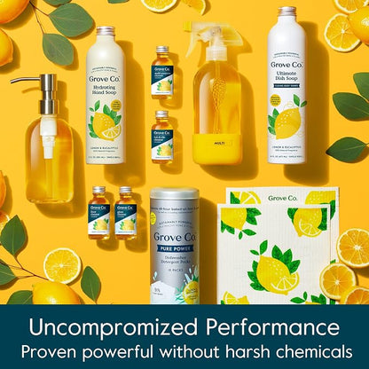 Grove Co. Dish Soap, 3 x 16 fl oz Refills, Lemon & Eucalyptus | Plastic-Free; Refill format; Natural Fragrance; Removes Stuck on Food; 98% plant-based ingredients
