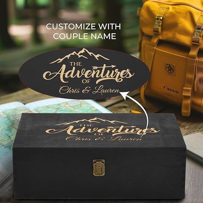 Personalized Wooden Keepsake Box Custom Engraved Adventure Memory Box for Couples Travel Souvenirs Photos Letters - Storage Memento Boxes for Wedding Gifts Newlyweds Anniversary Valentine's Day Gift