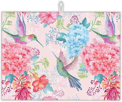 Humming Bird Dish Drying Mats 18x24 Inch, Tropical Flowers Dish Pad Drying Rack