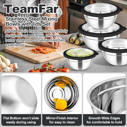 TeamFar Mixing Bowls Set, 4.5/3/1.5/1/0.7 QT Stainless Steel Nesting Salad Bowls