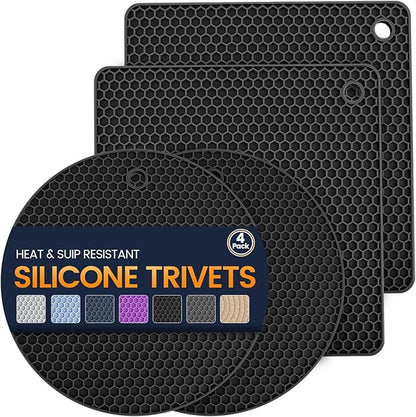 Silicone Trivet Mats 4 Heat Resistant Pot Holders Multipurpose Non-Slip Hot Pads for Kitchen Potholders, Drying mat, Jar Opener, Spoon Holder, Coaster(Black)
