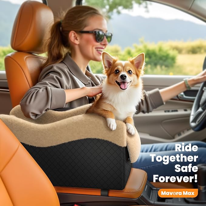 Portable Small Dog Seat for Car, Luxury Center Console Dog Car Seat Booster with Safety Tethers, Anti-Collapse Pet Travel Carseat for SUV, Truck (Black/Brown)