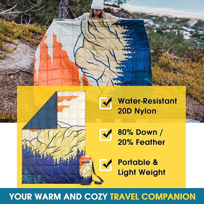 4Monster Down Camping Blanket - Outdoor Travel Quilt Puffy 650 Fill, Packable, Lightweight,Wind & Waterproof | Ideal for Stadium, Backpacking,Picnics, Beach and Hiking