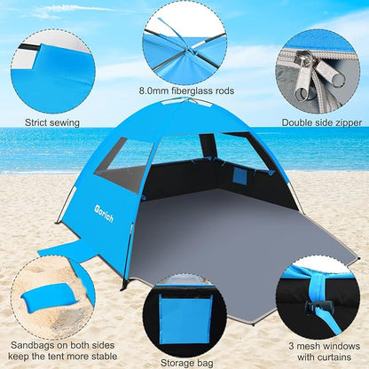 Gorich Beach Tent Sun Shelter for 3/4-5/6-7/8-10 Person with UPF 50ï¼?UV Protection, Lightweight & Easy Setup Beach Shade Canopy, Portable Beach Shade Tent Beach Cabana