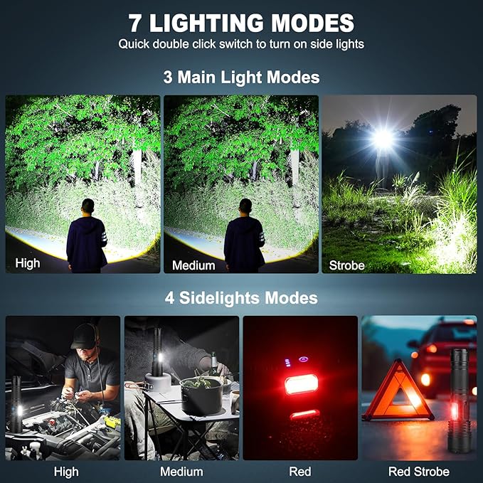 Cinlinso Rechargeable LED Flashlights High Lumens 2 Pack, 90000 Lumen Super Bright Flashlight, 7 Modes with COB Work Light, IPX7 Waterproof Powerful Flash Light for Home, Camping, Emergencies