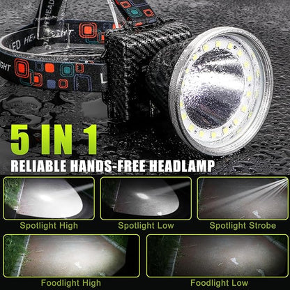 Rechargeable LED Headlamp with Flood and Spot Beam, Power Display, 5 Lighting Modes, Ultra Bright High Lumen Waterproof Head Torch for Camping, Hiking, Running, Fishing, Hunting, Outdoor Activities