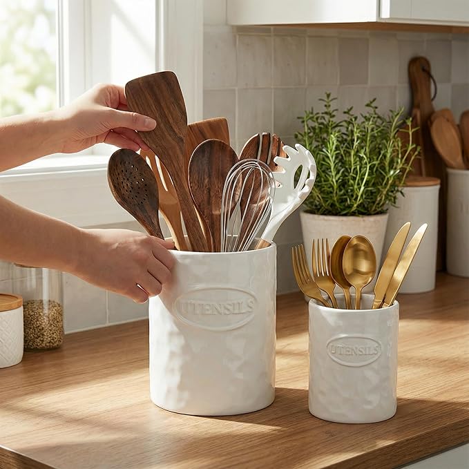 White Utensil Holder Set of 2 Ceramic Cooking Utensil Crock Modern Kitchen