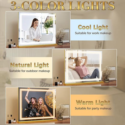 ROLOVE Gold Vanity Mirror with Lights 23x18 Inch, 3-Color Dimmable LED & Touch