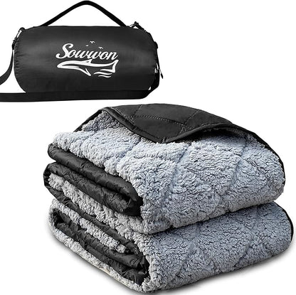 Waterproof Outdoor Blanket 82”X 55” Packable, Stadium Blankets for Camping with Sherpa Fleece Lining, Large Windproof Emergency Throw for Garss Picnic Hiking Road Trip, Machine Washable, Black 300GSM