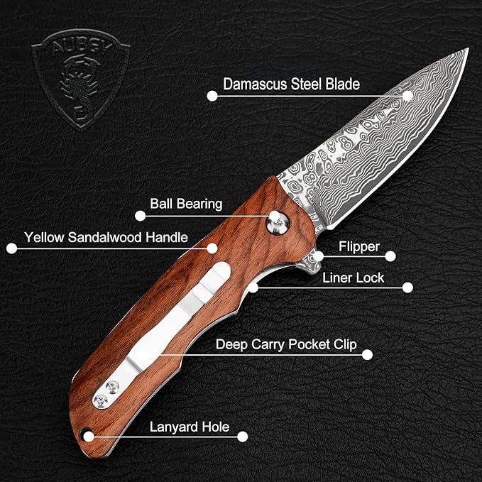 AUBEY Damascus Pocket Knife with VG10 Core, Wooden Handle, EDC Folding Knives for Men Outdoor Camping Collection Gift