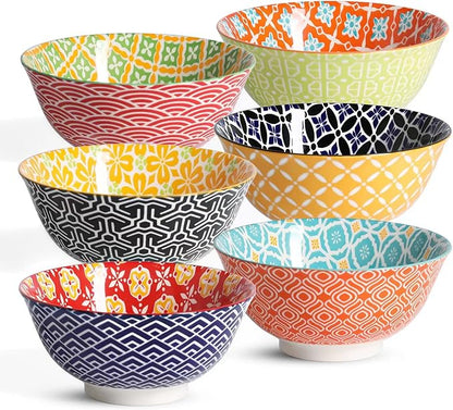 Ceramic Cereal Bowls, 23 Oz Colorful Soup Bowls, Deep Porcelain Bowl Set for Salad, Dessert, Pasta, Ice Cream,Set of 6