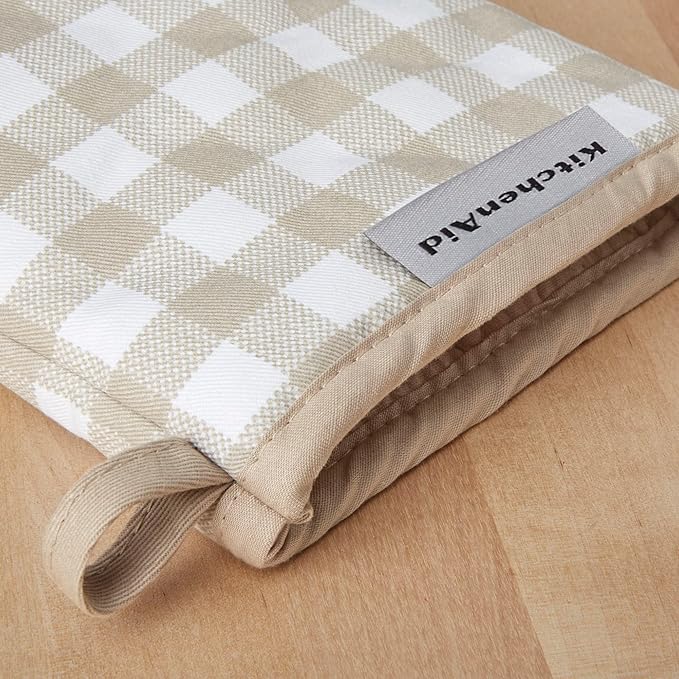 KitchenAid Gingham Mini Oven Mitt 2-Pack Set, Milkshake Tan