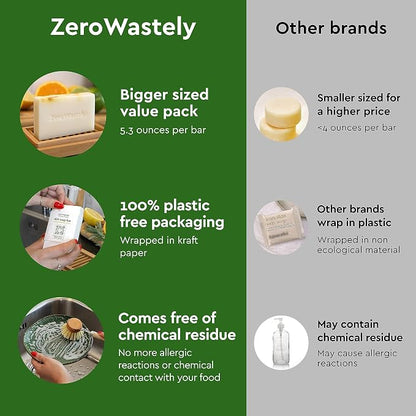 ZeroWastely Natural Dish Soap Bar - Value Pack of 3 Solid Soap Block 16oz - Lemon Scented, Long Lasting, Skin Friendly - Sustainably Made from 100% Organic Ingredients - Plastic Free Dish Soap
