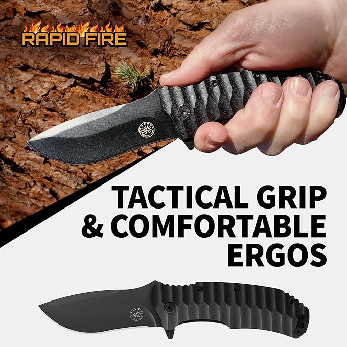 Off-Grid Knives - Rapid Fire Blackout - Large Folding Knife for Camping & EDC, Cryogenic D2 Blade Steel, Titanium Nitride Coating with G10 Scales & Deep Carry Clip