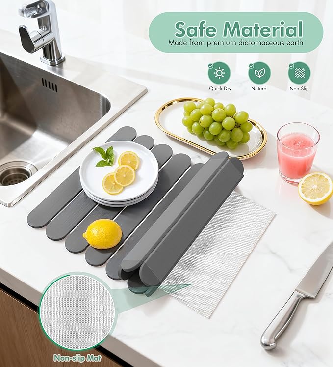 Large Stone Dish Drying Mat for Kitchen Counter, Quick Dry Diatomaceous Earth
