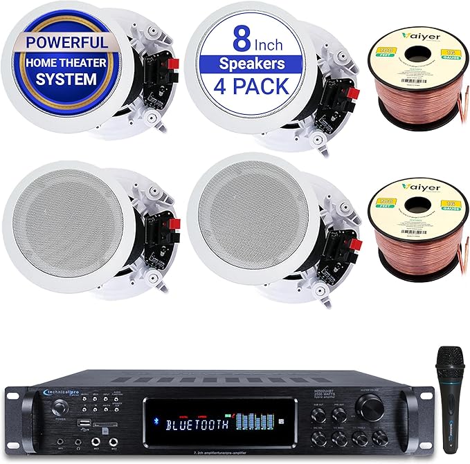 Home Stereo System Kit – 7.2 Channel 2500 W Bluetooth Amplifier w/ 4 Qty of 8”