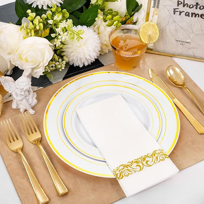 bUCLA 350PCS White and Gold Plastic Plates - Gold Disposable Dinnerware for Include 50 Dinner/Dessert Plates, 50 Forks, 50 Knives, 50 Spoons, 50 Cups & 50 Napkins for Party & Thanksgiving
