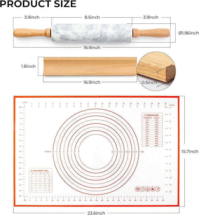 Marble Rolling Pin with Non-Stick Silicone Mat & Wood Base, 16.9-Inch Heavy