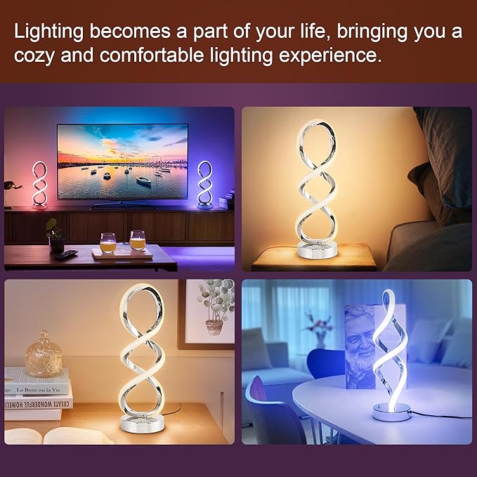 Modern Spiral RGB Table Lamp, Touch Dimmable Bedside Lamp, 7 Colors 10 Light