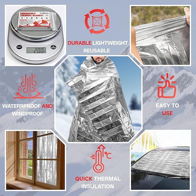 SecuCaptain Survival Emergency Thermal Blankets: Extra Large 84??x63??Space Mylar Blanket Kit for Outdoor Cold Winter Camping Hiking Car Bug Out Bag or First Aid - 4 Pack