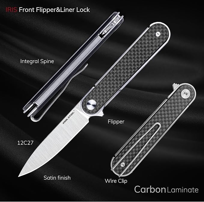REALSTEEL IRIS Pocket Knife, Folding Knife, Flipper, Liner Lock, 2.99" 12C27 Steel Blade, Lightweight G10 Handle, 1.74oz, Deep-carry Pocket Clip, EDC Outdoor Indoor, Gifts for Men Women Camping Hiking Climbing Fishing (Carbon Fiber laminate G10)
