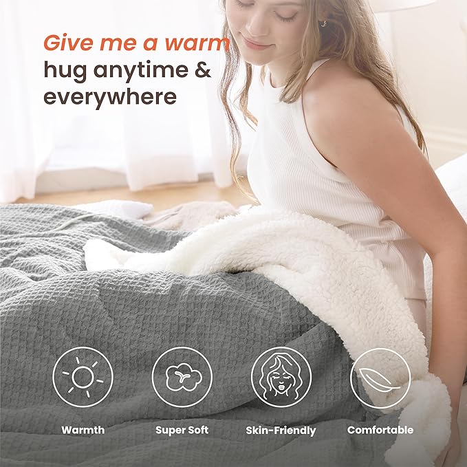Heated Blanket Electric Blanket Full Waffle, 72x84 Inches Sherpa Fleece Fast
