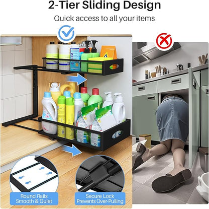 Under Sink Organizer, 2 Pack 2 Tier Pull Out Under Cabinet Organizer Shelf