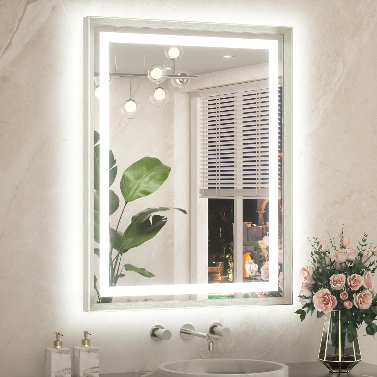 28 x 36 Bathroom LED Mirror Brushed Nickel Metal Frame Frontlit & Backlit Vanity Mirror Anti-Fog Stepless Dimmable 3 Colors White/Warm/Natural Mirror with Lights Wall-Mounted
