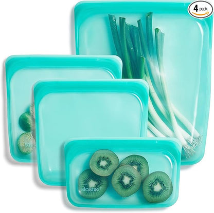 Stasher Premium Silicone Reusable Food Storage Bags, 4-Pack, Aqua, Multi-Use Food Storage Bags, Lunch Bag, Travel Containers, BPA Free, Leak-free, Dishwasher-Safe, Eco-friendly