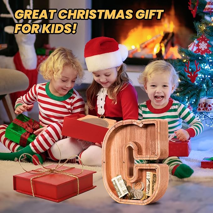 KMC Wooden Letter Piggy Bank, Personalized Initial Piggy Bank for Kids Boys, Clear Alphabet C Wood Money Box, Unbreakable Coin Saving Jar, Birthday, for Children