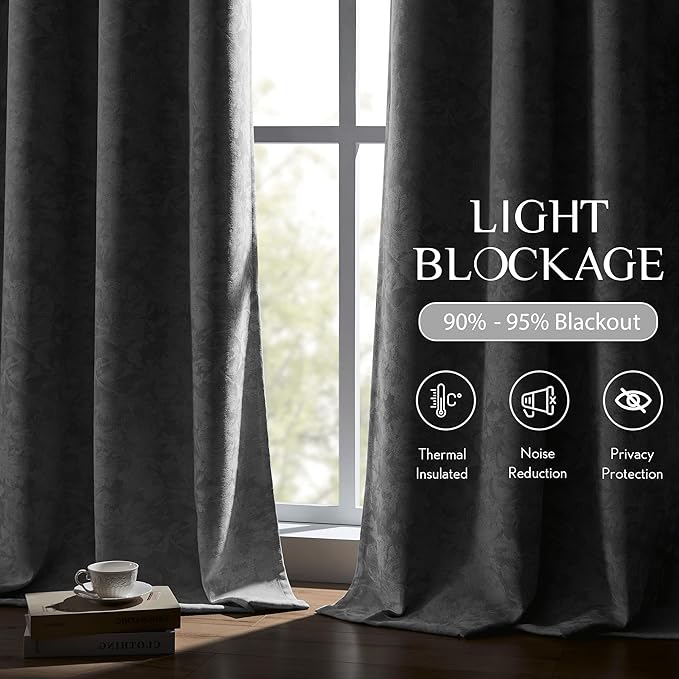 Beauoop Grey Floral Jacquard Blackout Curtains 63 Inches Long 2 Panels