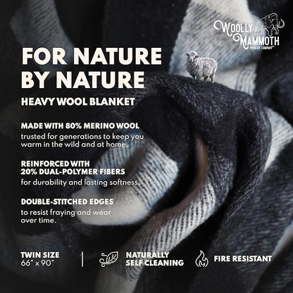 Woolly Mammoth Woolen Company Camping Blankets - 66 x 90 in, Black & Cream Plaid - Merino Wool Throw & Outdoor Backpacking Blanket for Picnic & Travel