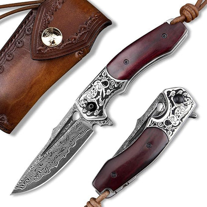 Handmade japanese vg10 damascus steel pocket knife,rosewood handle,sheath,liner lock,folding knives for outdoors camping hiking fishing